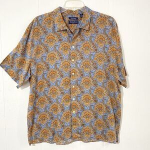 Austin Reed London 100% LINEN Button Up XL Paisley Floral Print BLUE Orange